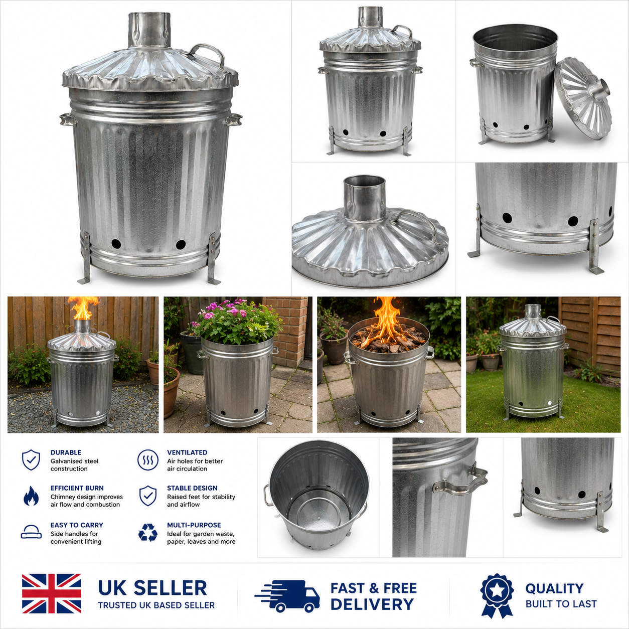 Galvanised Steel Garden Incinerator Bin with Lid & Chimney - Heavy Duty Metal