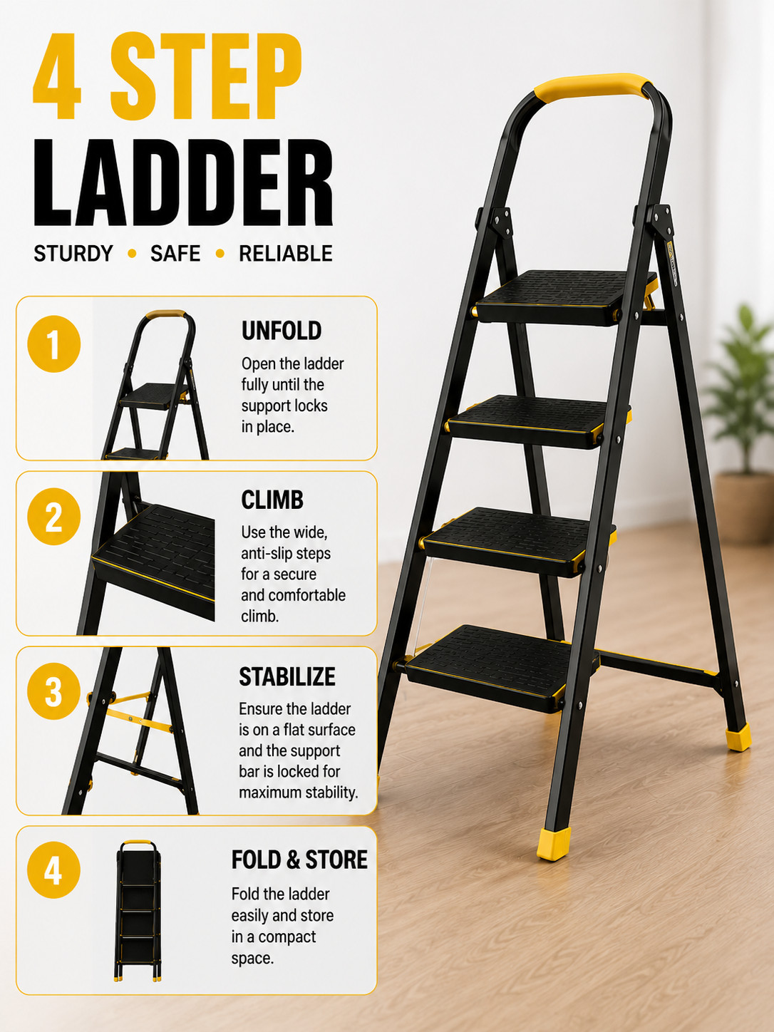 4 Step Folding Ladder with Handrail - Heavy Duty Steel, Anti-Slip, 150kg Capacity