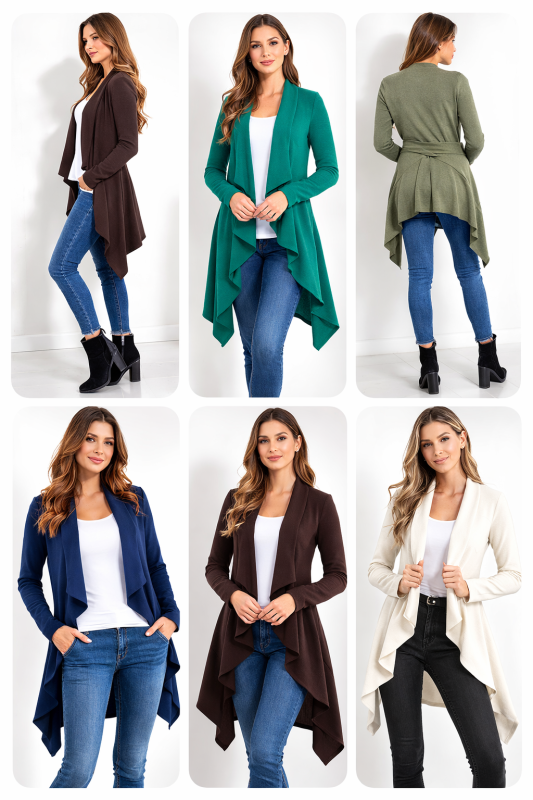 Ladies' Waterfall Cardigan - Open Front Long Sleeve Longline Jacket
