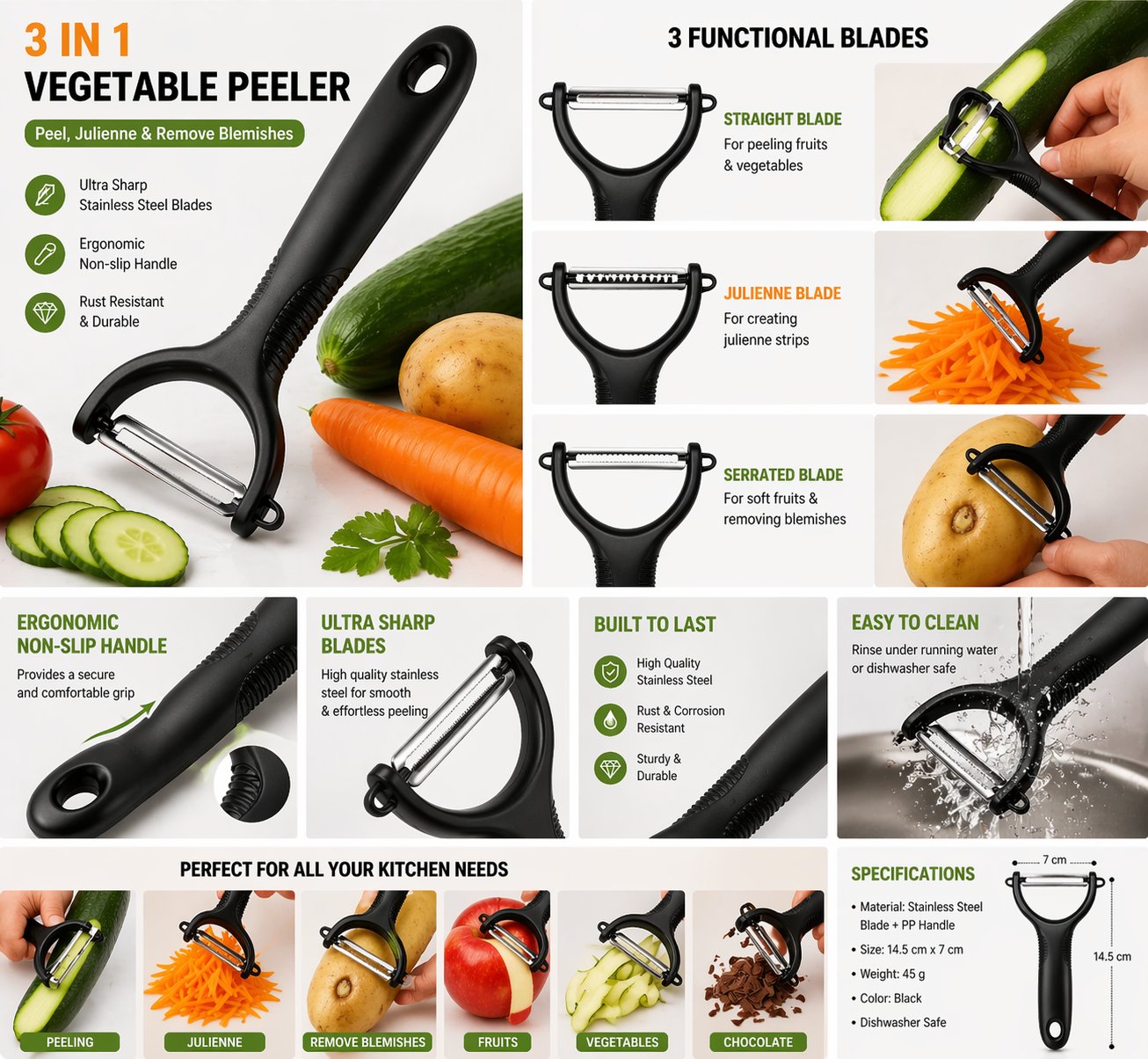 3 in 1 Stainless Steel Vegetable Peeler - Cutter & Julienne Slicer Kitchen Tool
