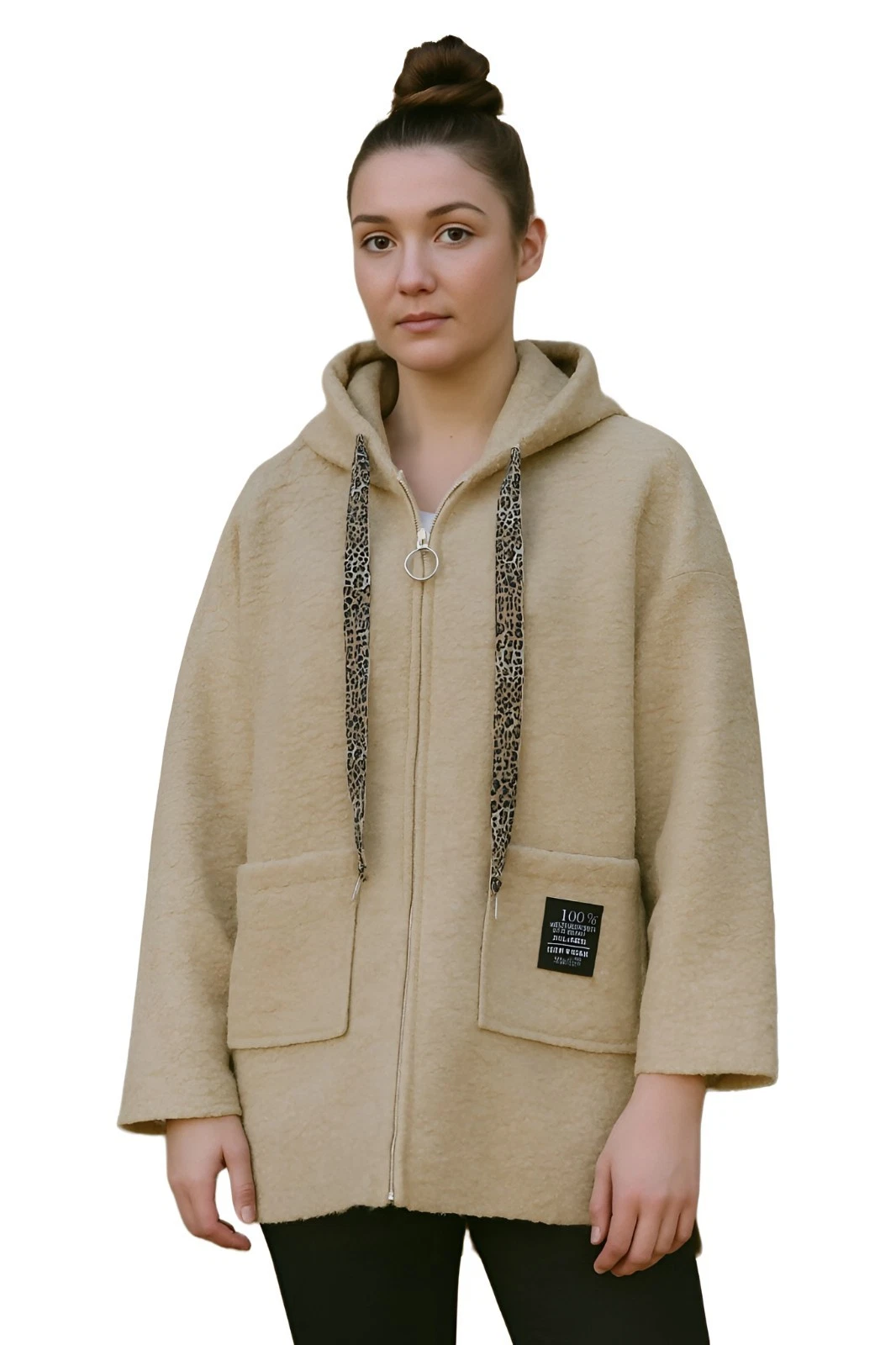 Women's Teddy Fleece Hoodie - Leopard Print, Drawstrings, Oversized 83cm Pullover