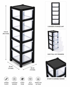 Plastic Drawer Storage Tower Unit - Black Frame with Clear Drawers