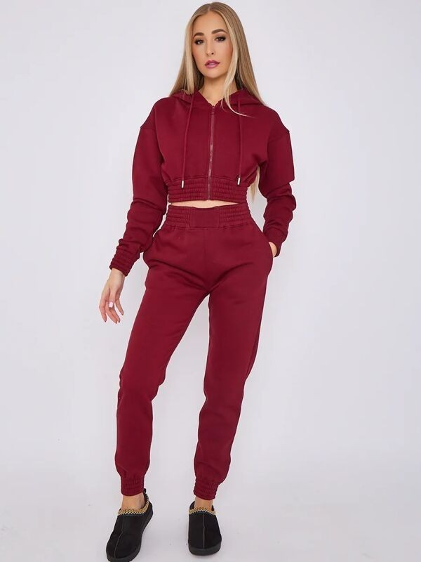 Women's Wine Cropped Hoodie & Jogger Co-Ord Set - Short Fit