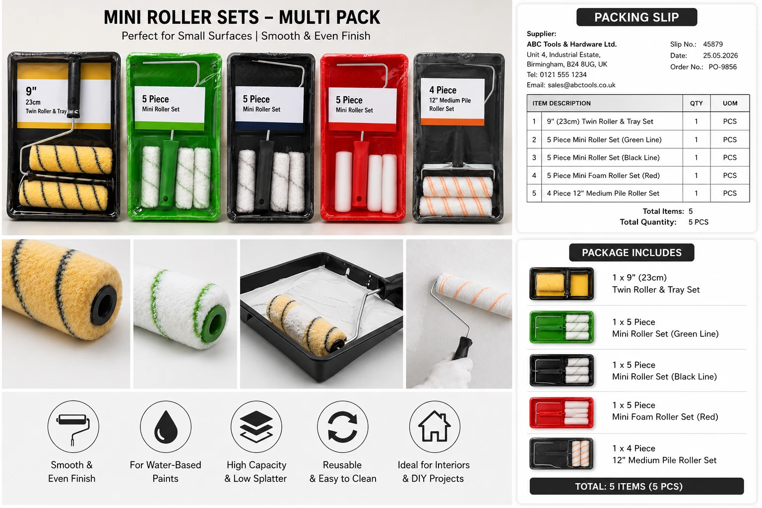 Paint Roller Set with Tray, Roller Frame & 2 Roller Sleeves - DIY Decorating Kit