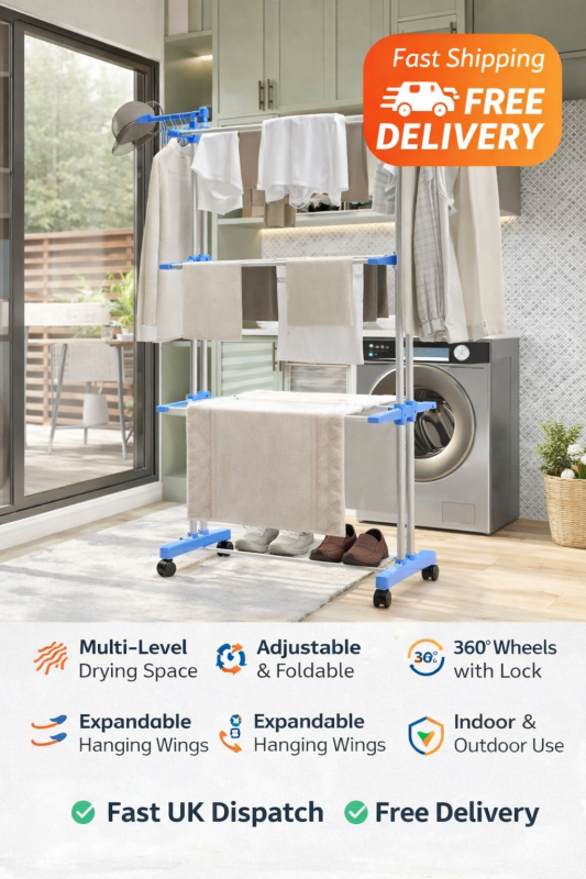 Extra Large 4-Tier Freestanding Plastic Clothes Drying Rack - Adjustable, Rolling
