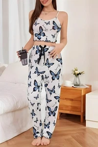 Butterfly Bliss Lounge Set - Women's Blue Butterfly Print Cami & Pajama Pants