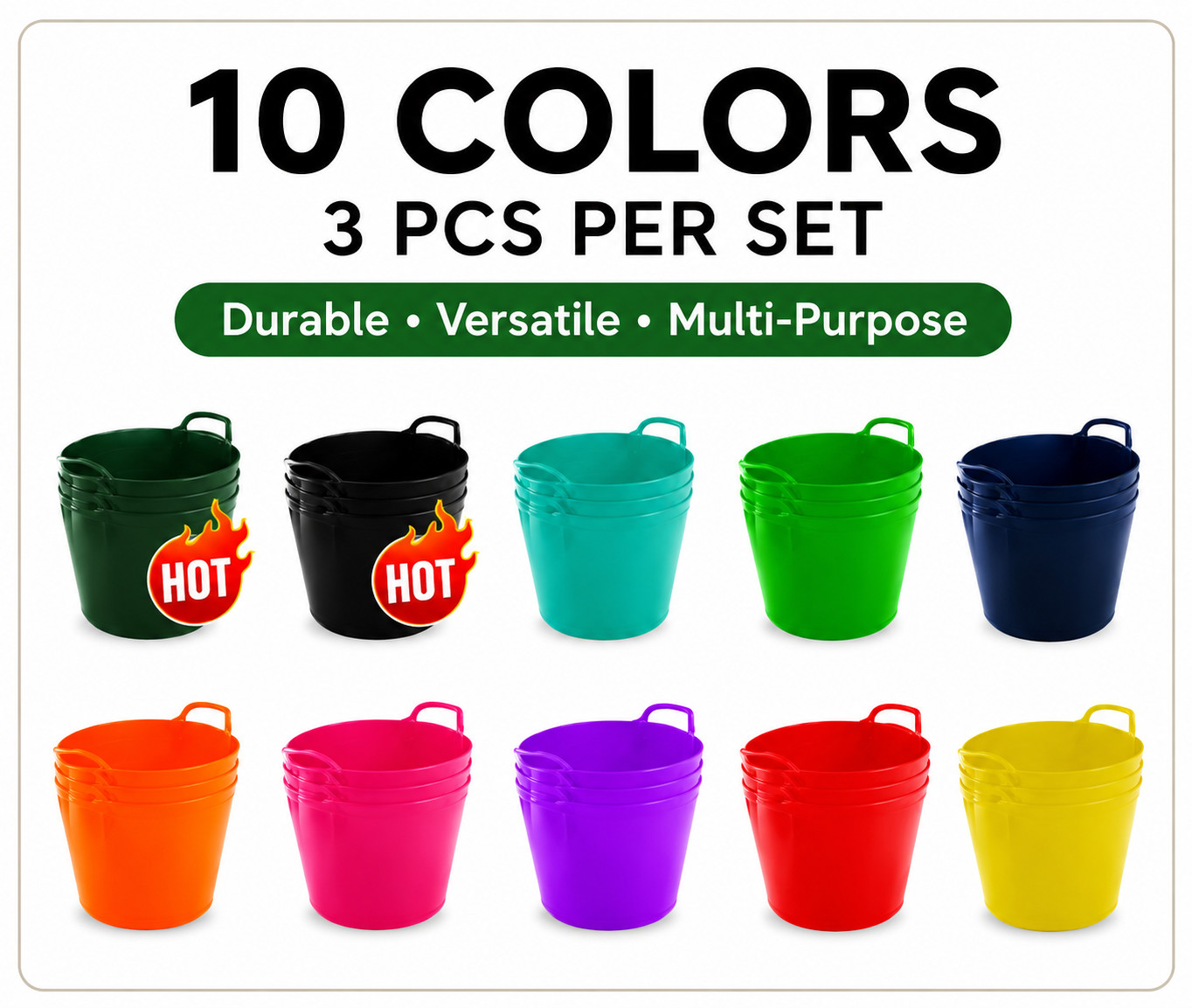 42L Flexi Tub Bucket Set of 3 - Heavy Duty Plastic Garden Tubs, 10 Colours