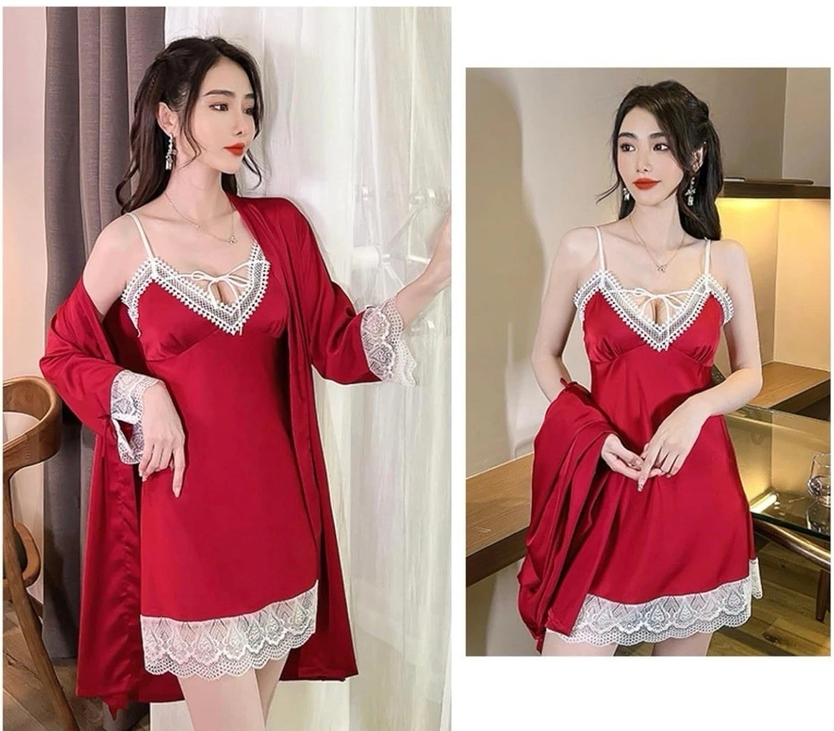 Women's Satin Lace Nightwear Robe Set