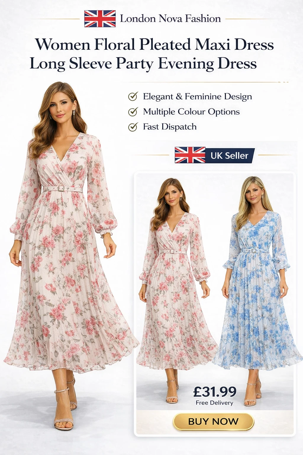London Nova Fashion Women's Floral Pleated Maxi Dress - Long Sleeve Party Evening