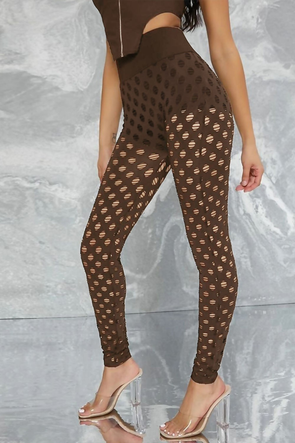 Women's Mocha Fishnet Cut-Out Leggings - High Waist Stretch Fit
