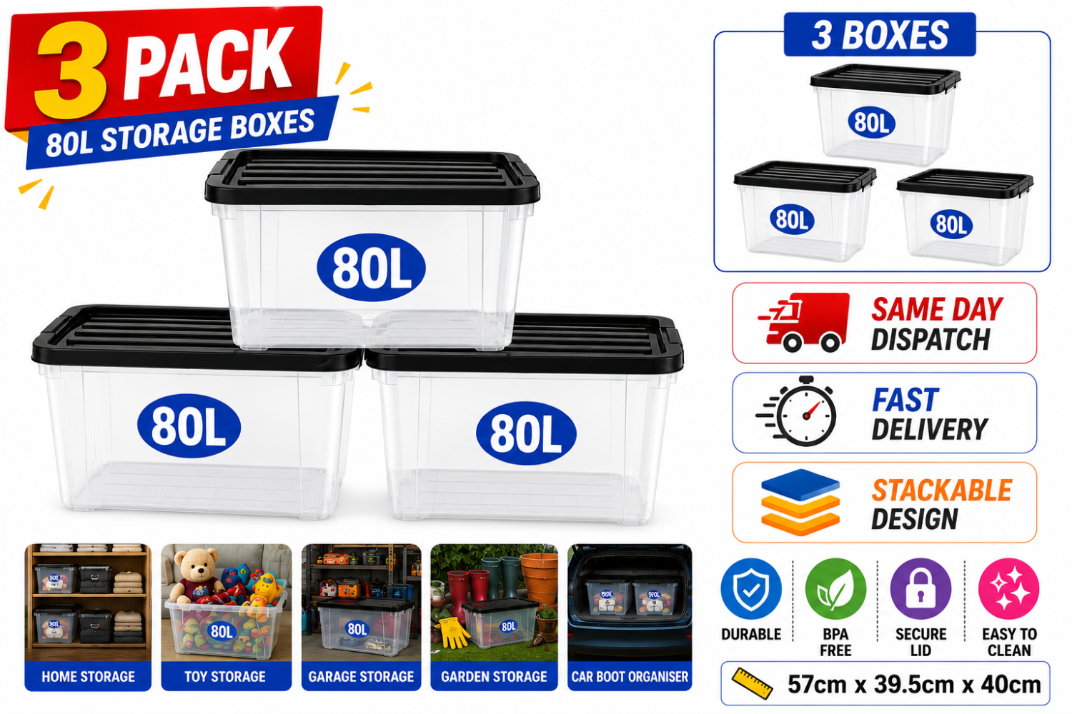 3 Pack 80L Storage Boxes with Lids - Stackable Clear Plastic Containers