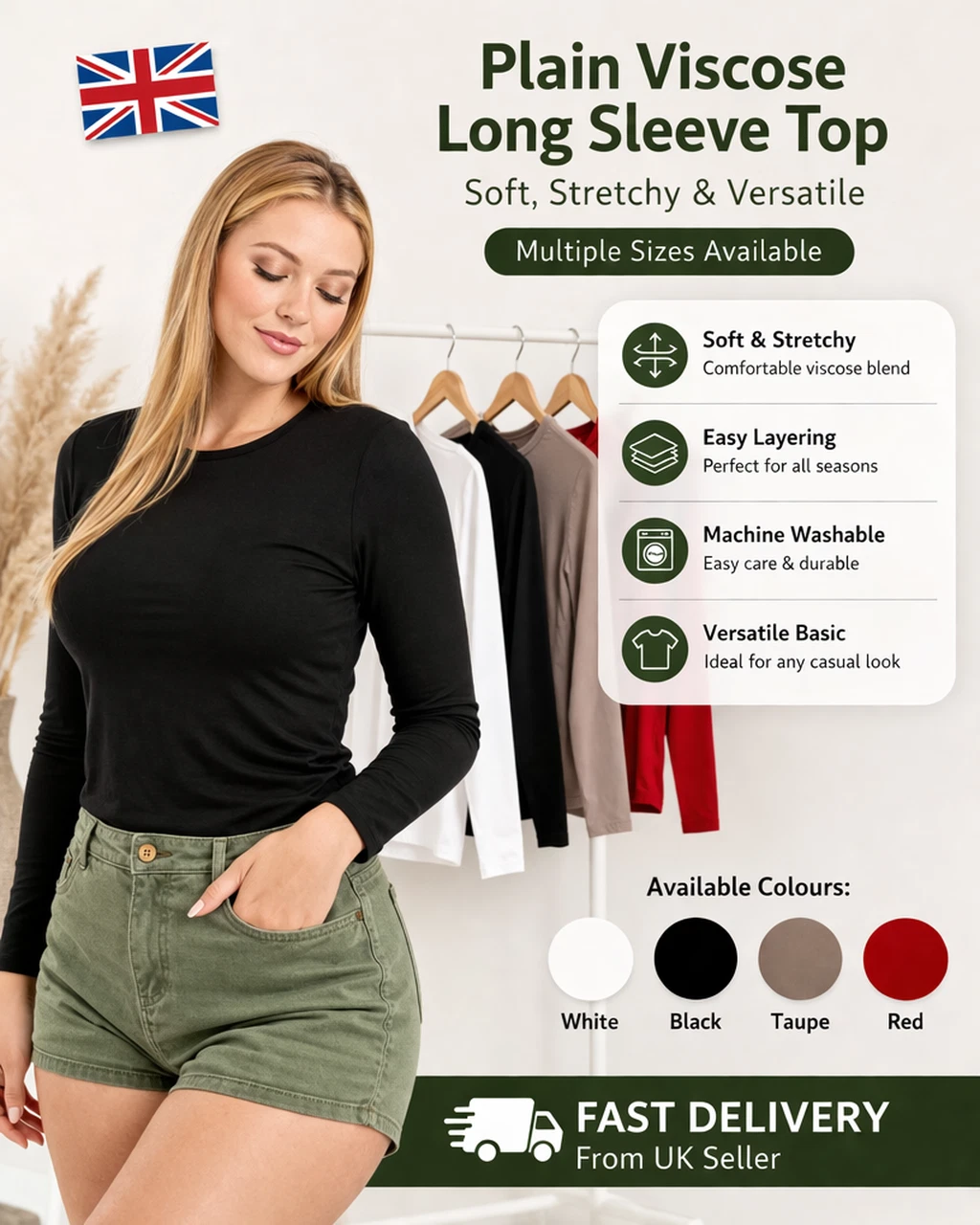 Ladies' Long Sleeve Stretch Top - Soft Viscose Casual Basic Tee, Multi Colour