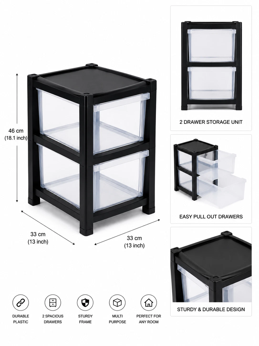 Plastic Drawer Storage Tower Unit - Black Frame with Clear Drawers
