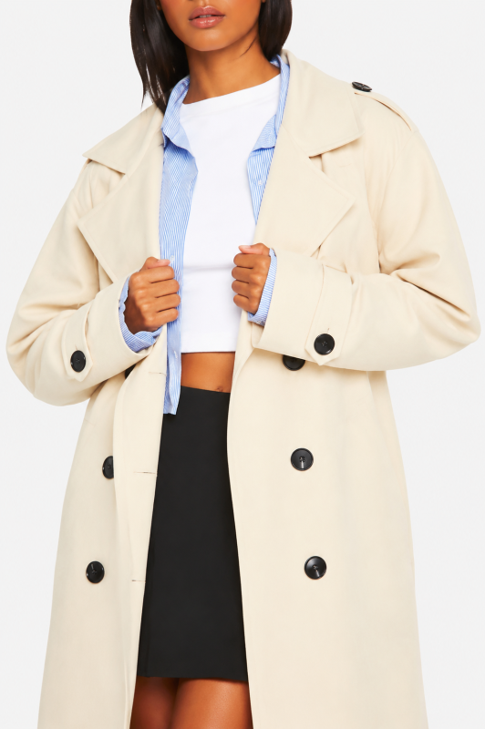 Women's Cream Long Trench Coat - Double Breasted Mac, Smart Casual Jacket